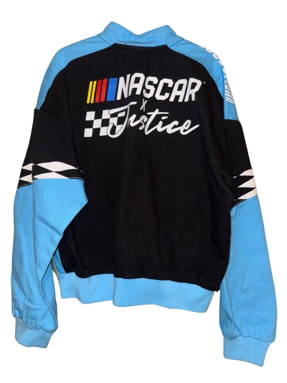 Justice X NASCAR Girls Racing Jacket Black & Blue Snap Buttons Colorful Graphics